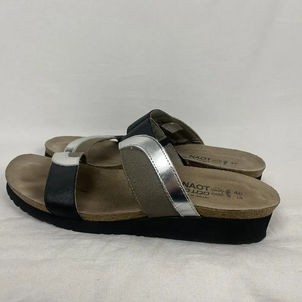 Naot Slide Sandals Womens 9 40 Black Silver Colorblock Leather Comfort Strappy - Picture 6 of 14